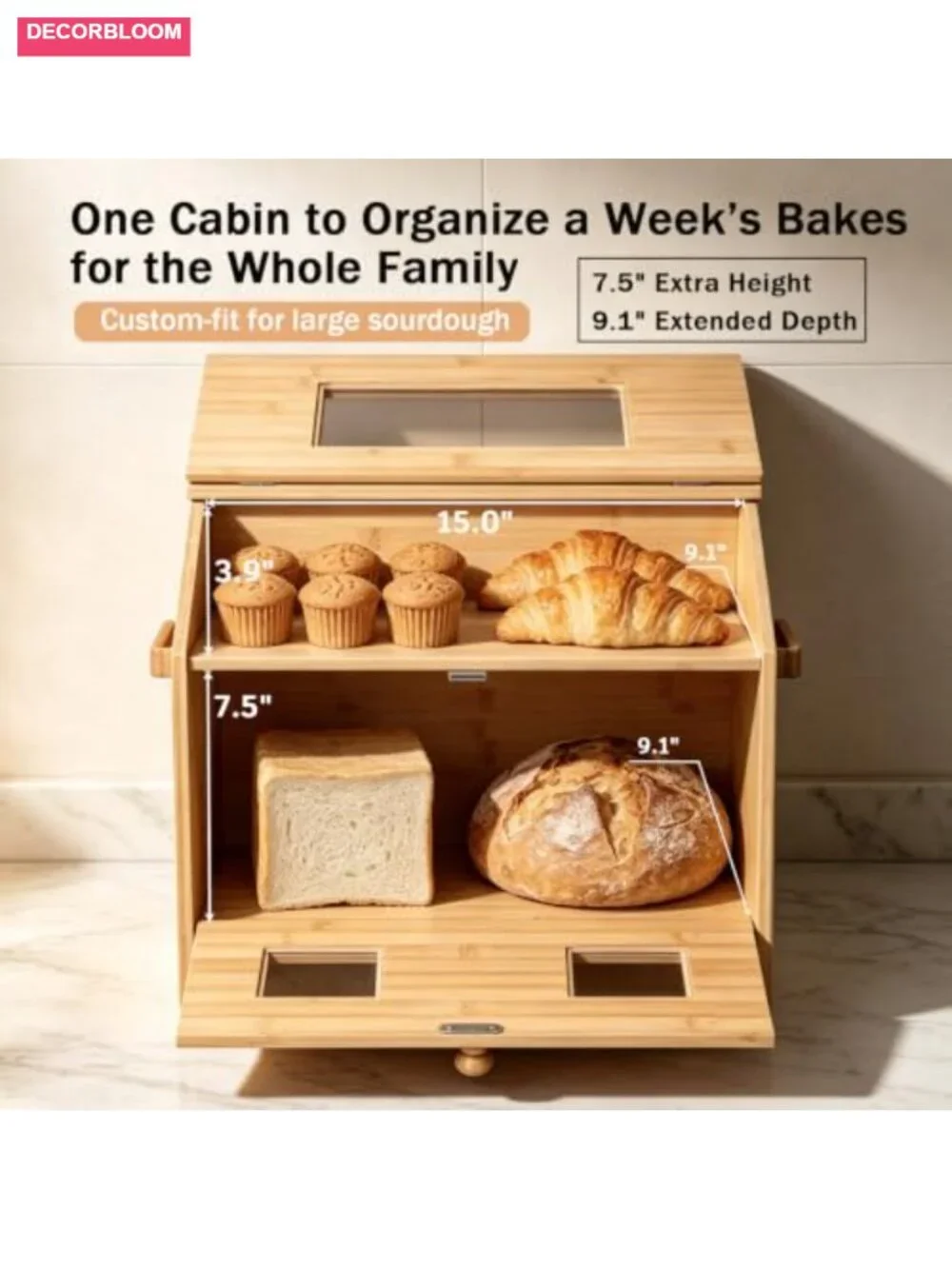 4-in-1 Bamboo Bread Box for Countertop: Store, Slice & Serve, 22.5L